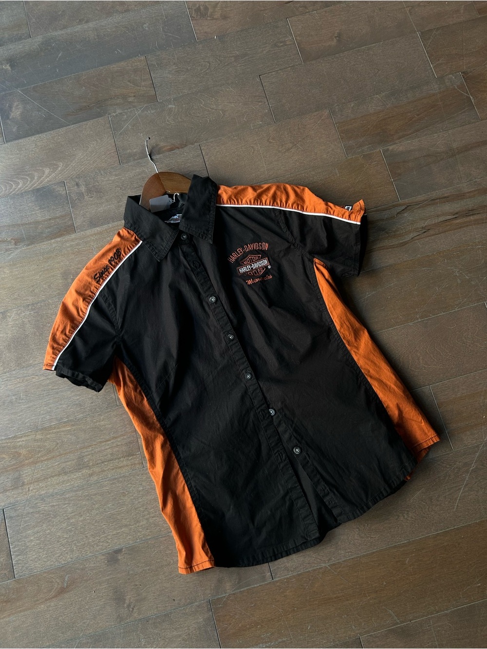 Harley-Davidson Black and Orange Short Sleeve Button-Down Racing Shirt